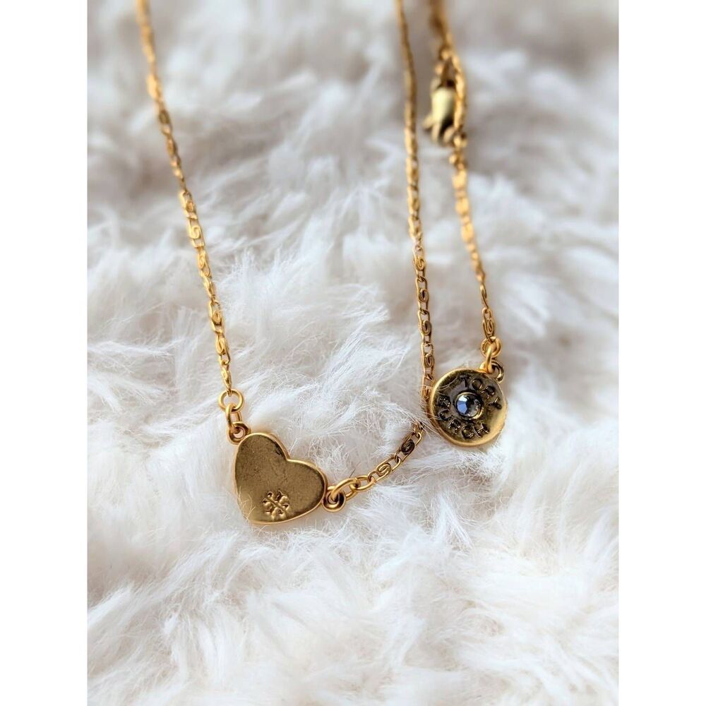 TORY BURCH Gold Matted Tiny Heart Etched Logo Chain Necklace - Picture 4 of 4